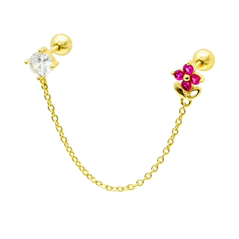 Lyliann | Double Drop Chain Flower Barbell Earrings- LB BOUTIQ